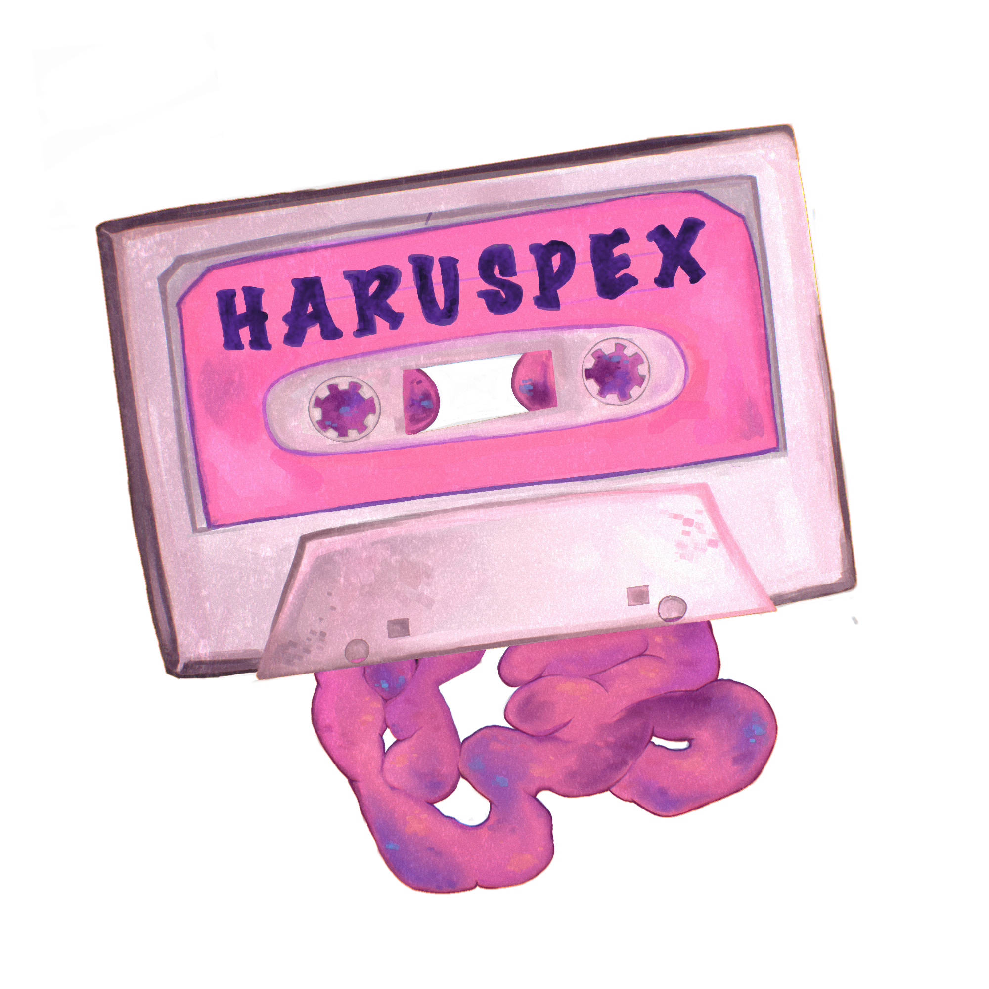 Pink and purple cassette tape with 'HARUSPEX' branding on a white background. Instead of tape, guts spill out of the cassette.