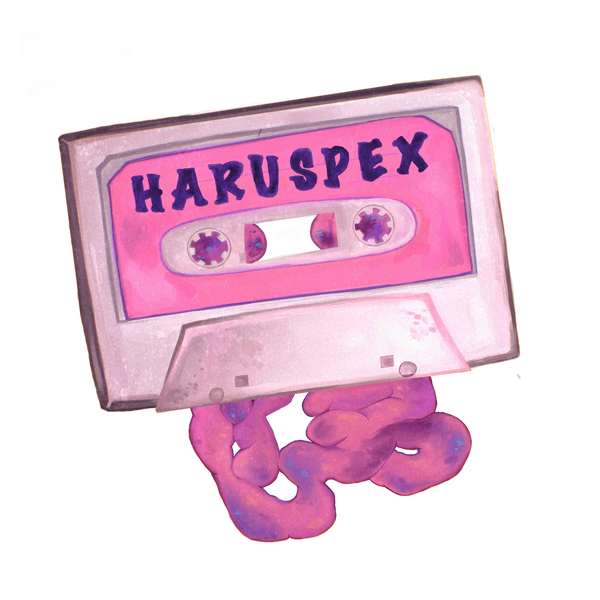 Pink and purple cassette tape with 'HARUSPEX' branding on a white background. Instead of tape, guts spill out of the cassette.